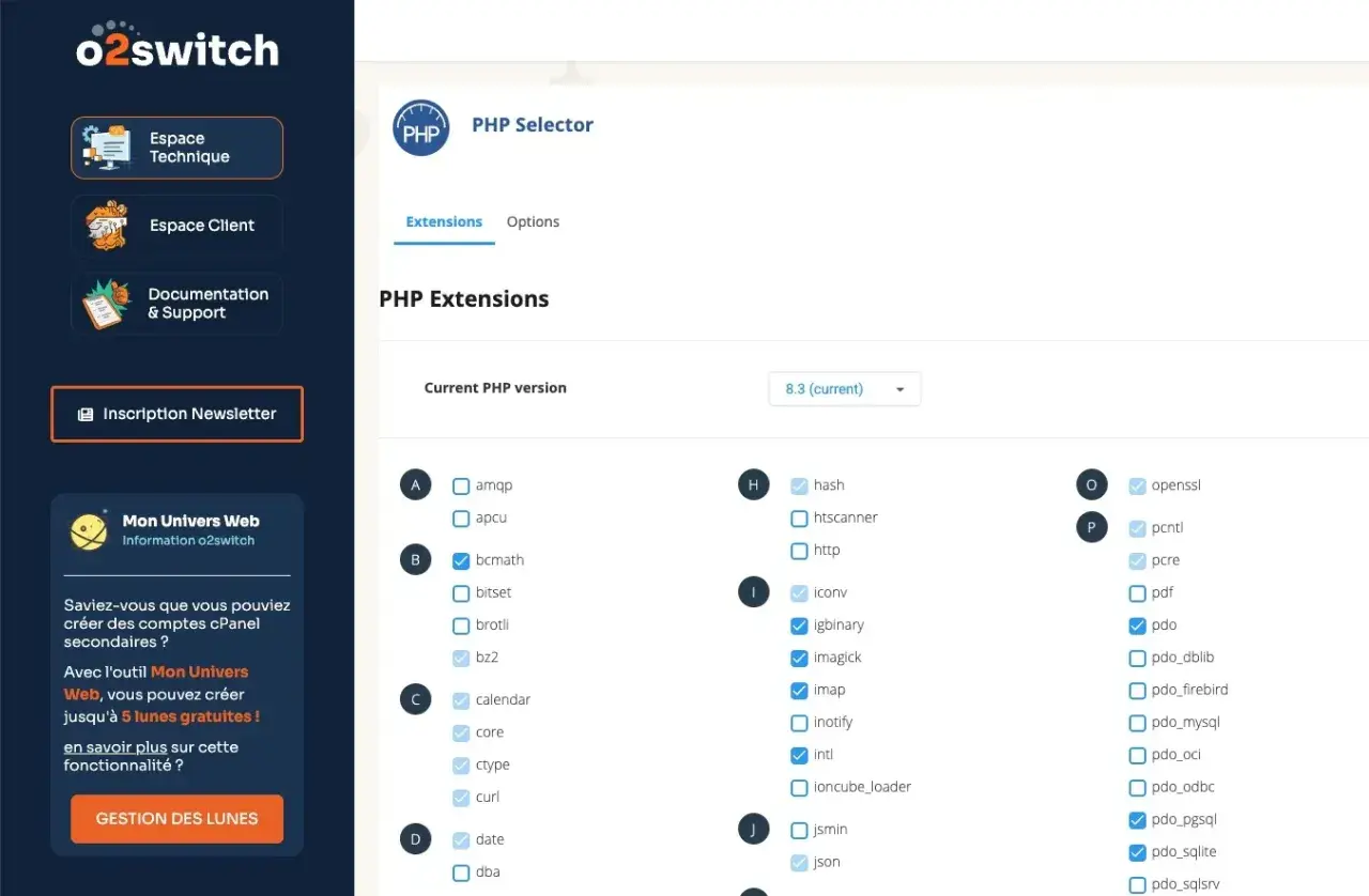 Interface de gestion o2switch pour sélectionner les extensions PHP. Permet de gérer les options pour récupérer l'URL.