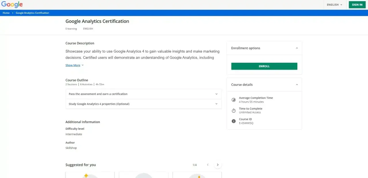 Page de cours pour obtenir une **certification digital** Google Analytics. Apprenez à utiliser Google Analytics 4 pour des analyses marketing.