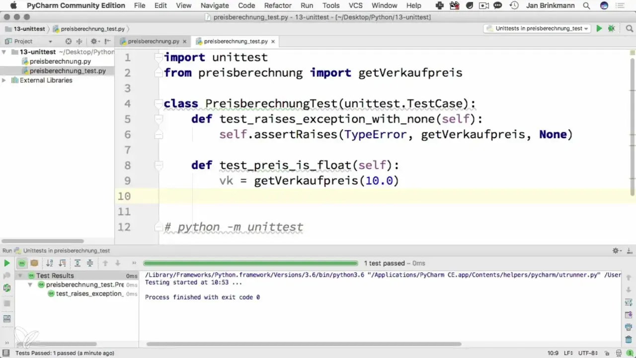 Exemple de test unitaire en Python dans PyCharm. Le code vérifie le bon fonctionnement de la fonction `getVerkaufpreis`.