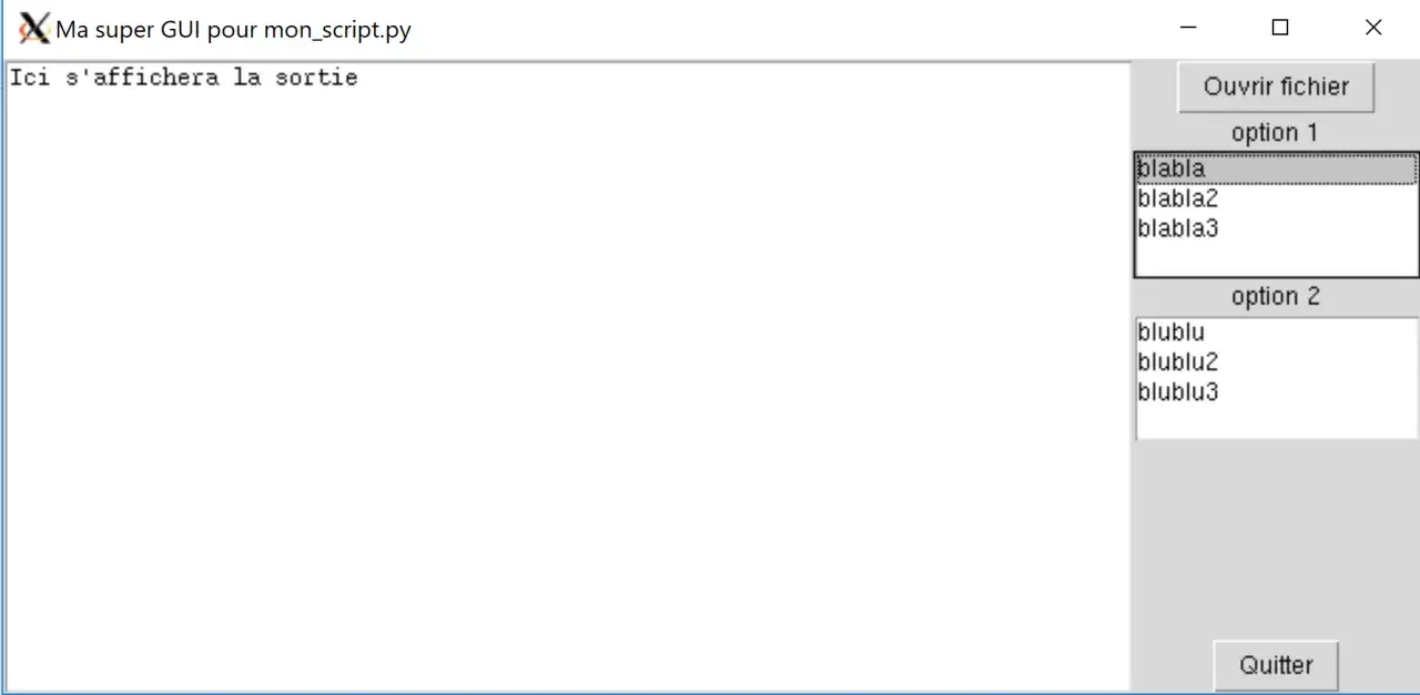 Interface graphique Tkinter avec des listes déroulantes "option 1" et "option 2", un bouton "Ouvrir fichier" et un bouton "Quitter".