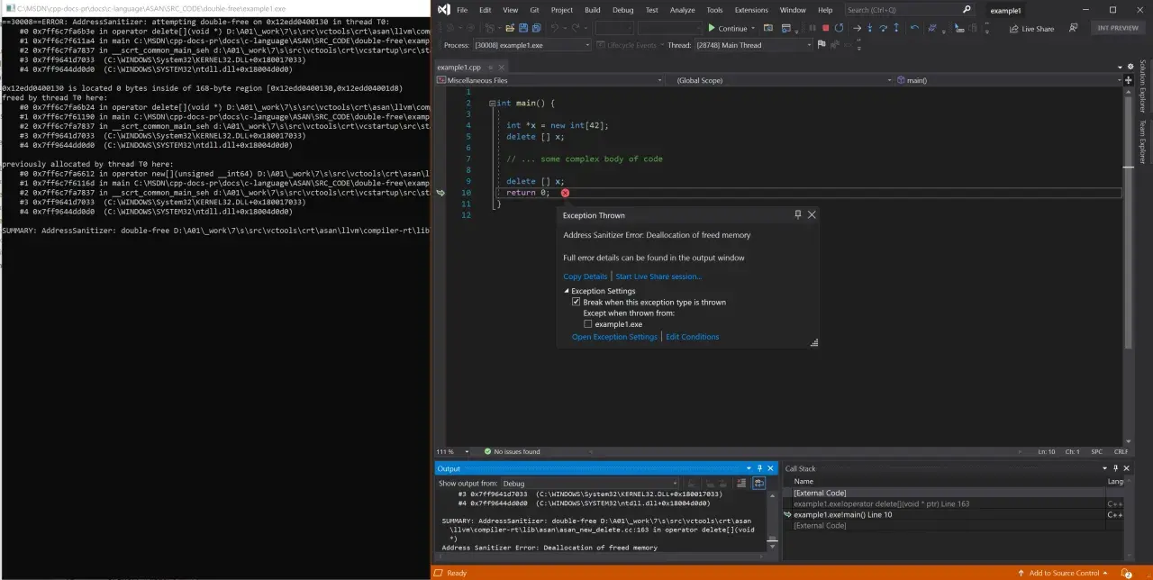Erreur de double libération mémoire dans le code C++. L'outil Address Sanitizer détecte une tentative de libérer deux fois le même bloc mémoire.