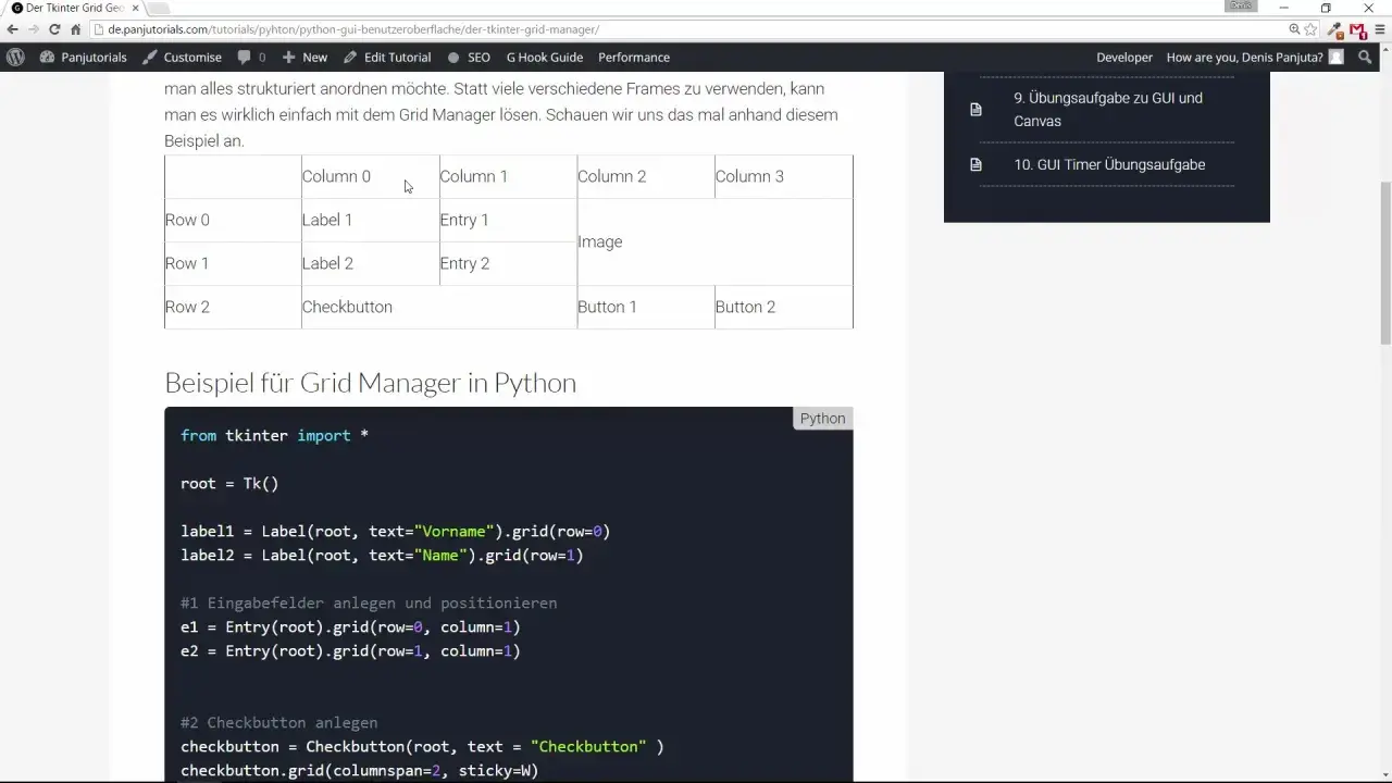 Exemple de **grid python** avec Tkinter : un tableau montre des labels, entrées et boutons. Le code Python illustre leur placement.