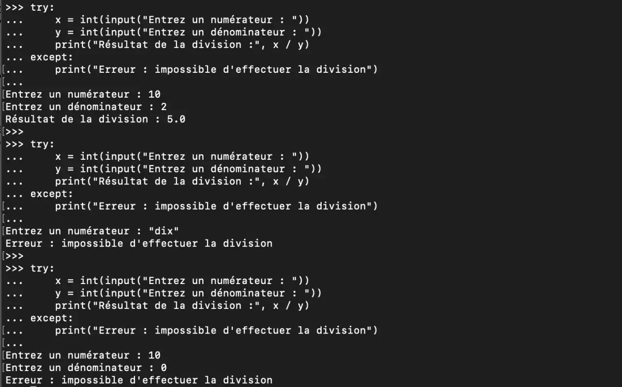 Exemple de code Python pour gérer les erreurs de division. Le programme tente de diviser deux nombres, mais échoue si l'entrée n'est pas un nombre ou si le dénominateur est zéro.