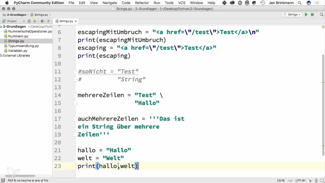 Code Python montrant la **concatenation** de chaînes de caractères pour afficher "HalloWelt".