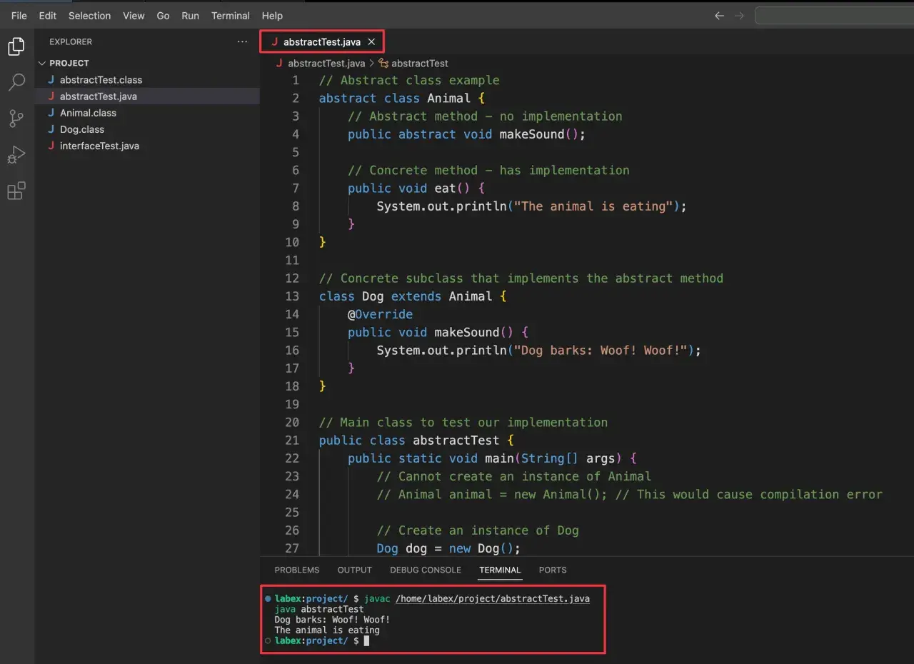 Code Java montrant une classe abstraite Animal et une classe concrète Dog qui extends Animal. Le terminal affiche la compilation et l'exécution.