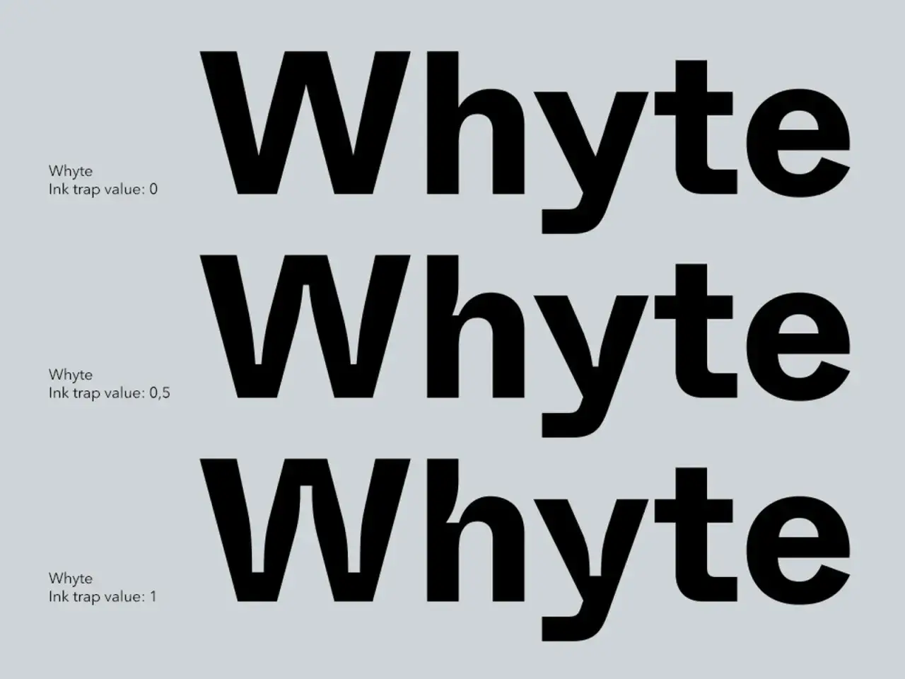 Essai de typographie "Whyte" avec différents réglages d'ink trap pour un rendu printwriter Java.