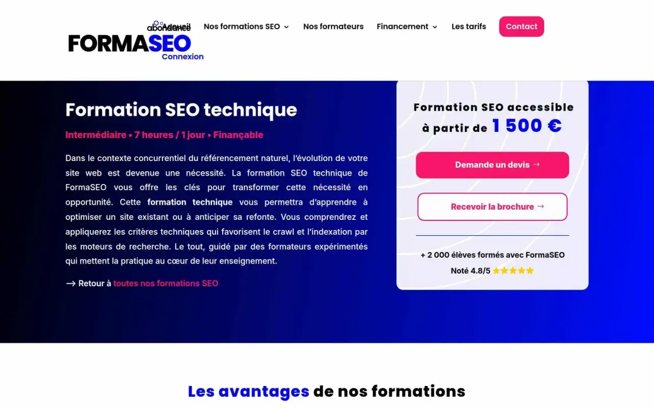 Formation SEO technique FormaSEO : apprenez à optimiser votre site web. Offre accessible dès 1500€.
