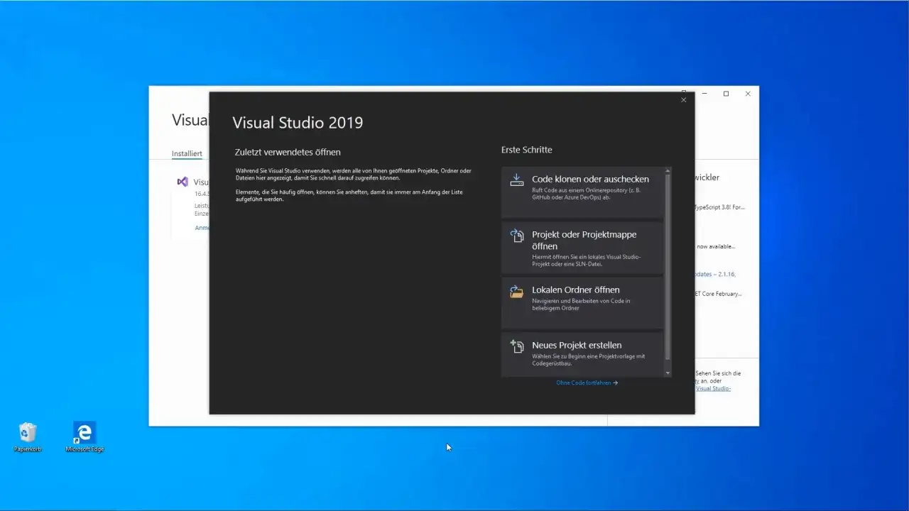 Fenêtre de démarrage de Visual Studio 2019, proposant des options pour ouvrir des projets, cloner du code ou en créer de nouveaux, idéal pour le développement C# .NET.