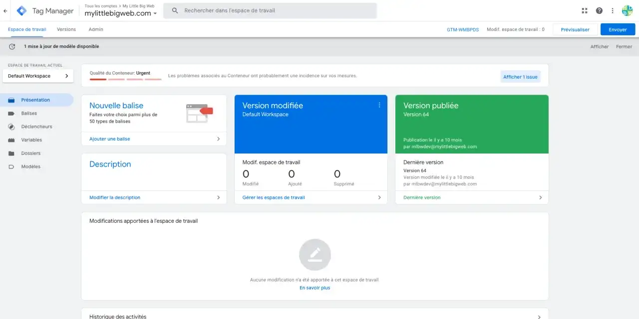 Interface de Tag Manager affichant l'espace de travail actuel, les versions modifiées et publiées, ainsi que les options pour gérer les balises et la description.
