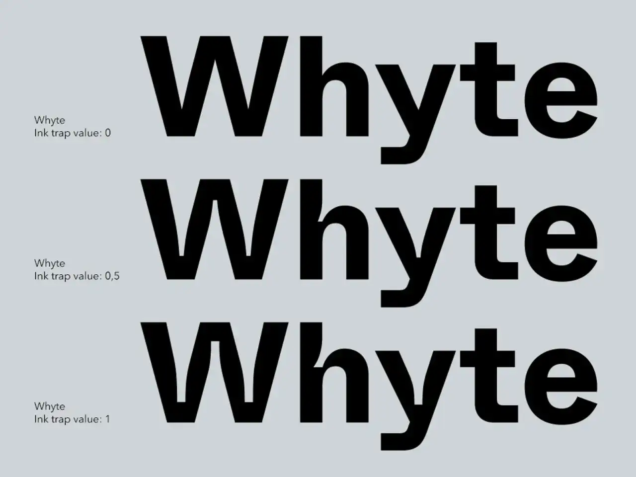 Essai de typographie "Whyte" avec différents réglages d'ink trap pour un rendu printwriter Java.