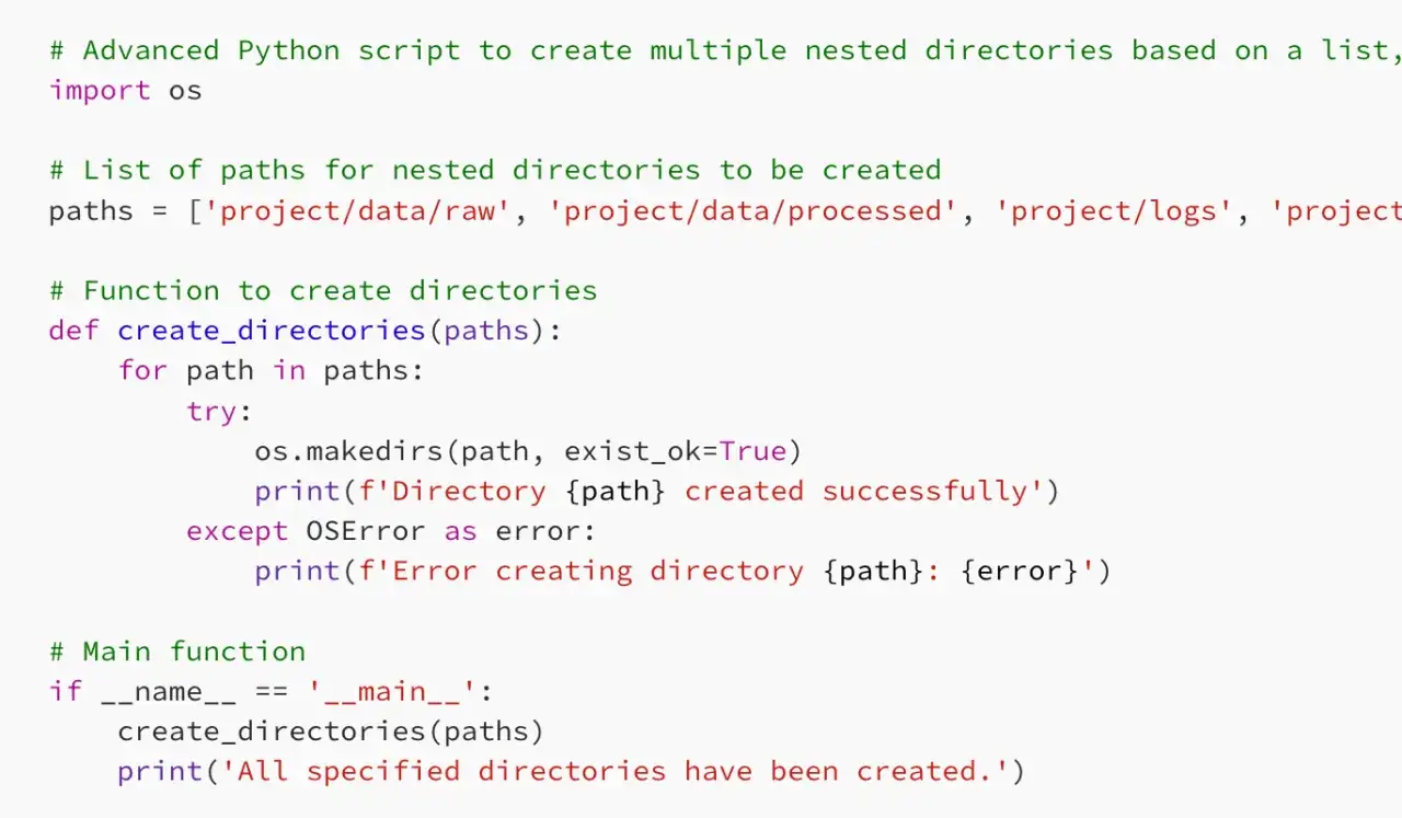 Script Python pour cr&eacute;er des dossiers imbriqu&eacute;s. La fonction `create_directories` utilise `os.makedirs` pour cr&eacute;er des r&eacute;pertoires &agrave; partir d'une liste de chemins.