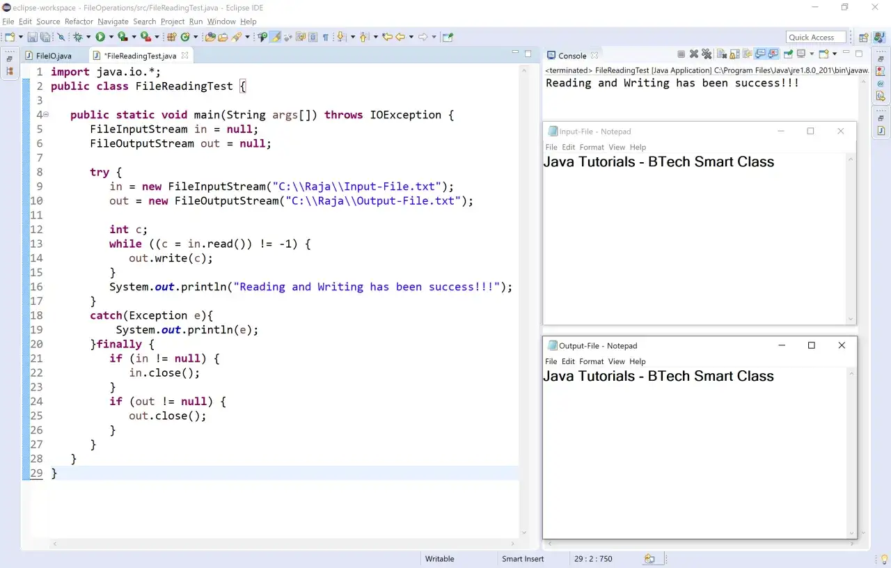 Code Java pour lire et &eacute;crire dans des fichiers. Le programme `printwriter java` copie le contenu d'un fichier vers un autre.