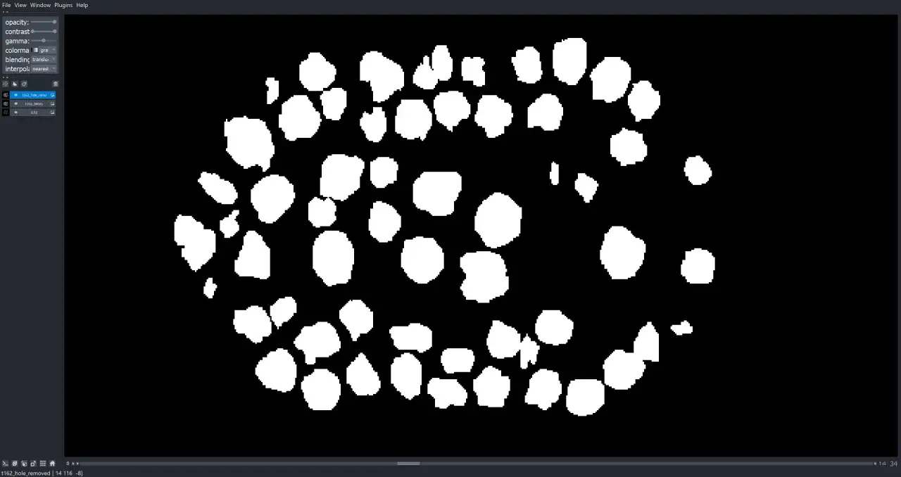 Un ensemble d'objets blancs sur fond noir, comme un masque binaire représentant des cellules ou des particules.