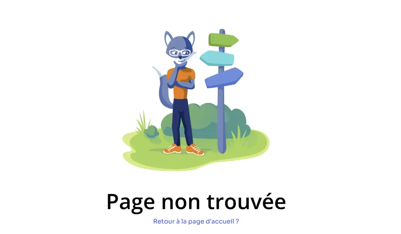 Un renard perdu devant un panneau indicateur, comme si le site Google était inaccessible. Page non trouvée.