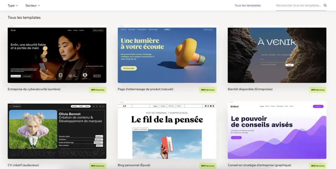 Mod&egrave;les pour cr&eacute;er un site avec Wix : cybers&eacute;curit&eacute;, produit, entreprise, CV, blog.