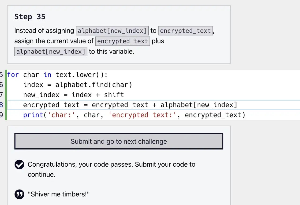 Extrait de code Python montrant une boucle pour traiter le texte en minuscules. Le code calcule un nouvel index et ajoute un caractère à `encrypted_text`.
