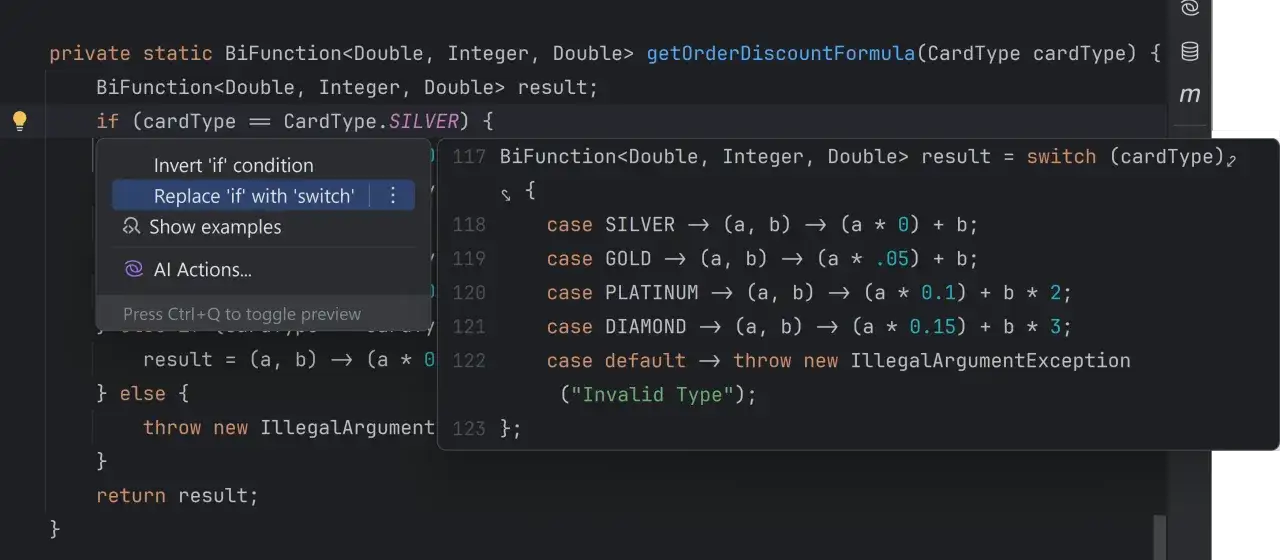 Suggestion pour remplacer un `if` par un `switch` en Java. Le code gère les types de cartes pour calculer des remises.