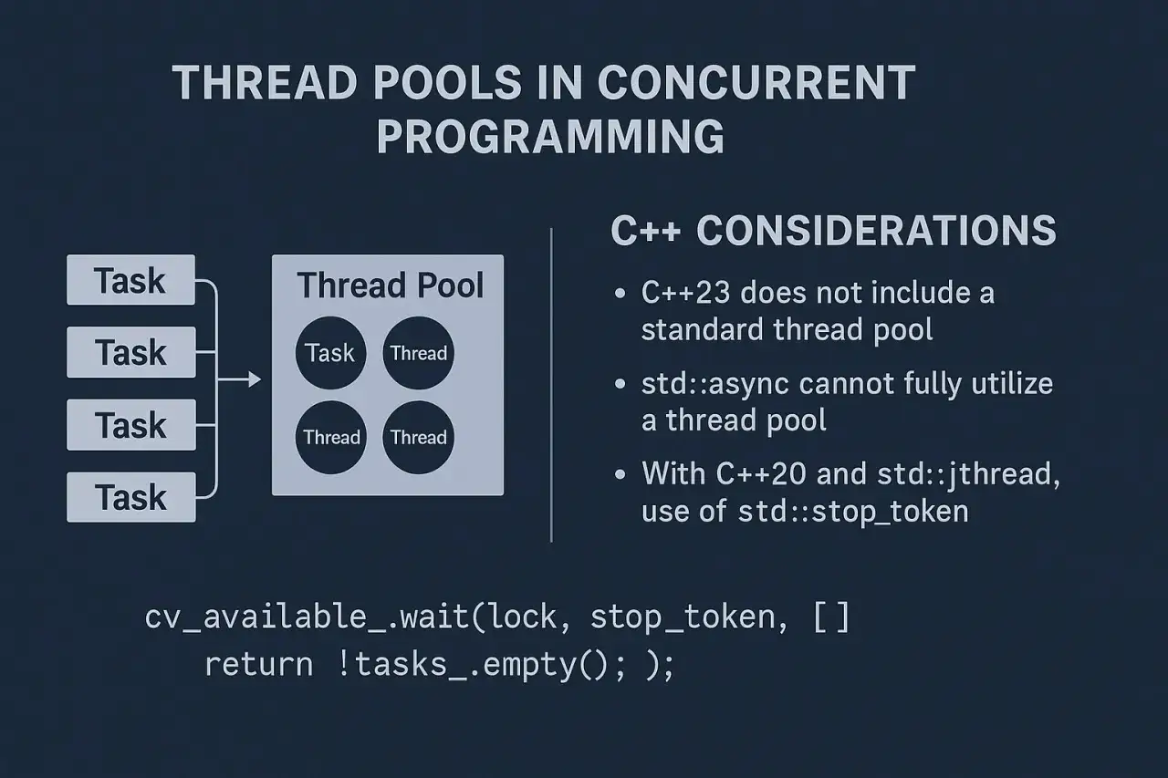 Diagramme illustrant un thread pool g&eacute;rant des t&acirc;ches avec des threads. Consid&eacute;rations C++ sur les thread pools.