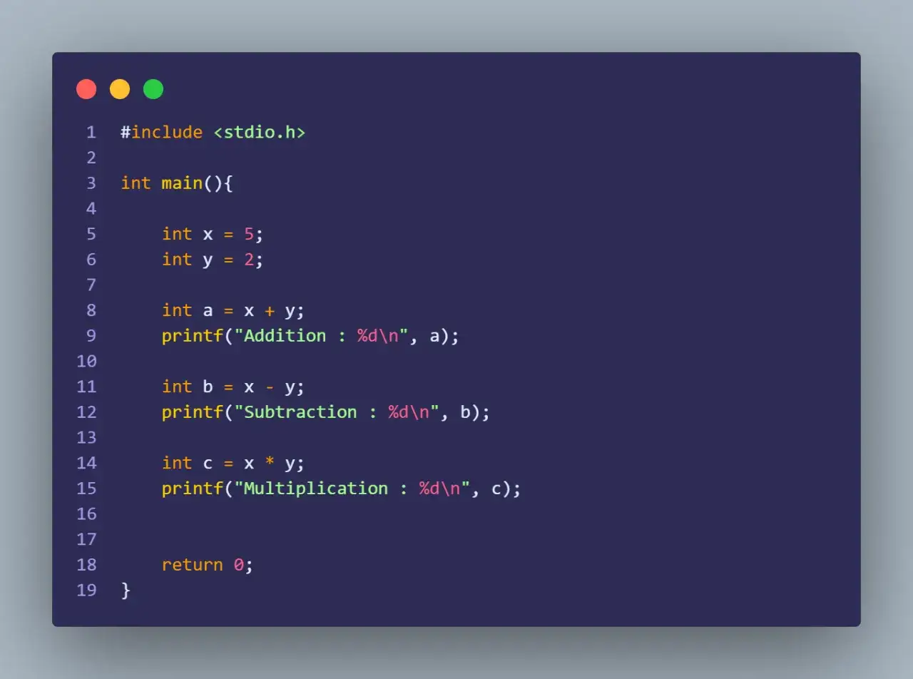Code C pour l'exercice c : addition, soustraction et multiplication de deux variables.