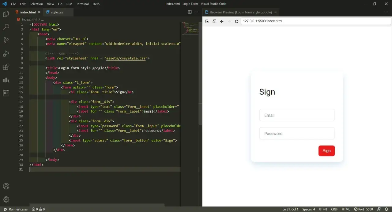Un d&eacute;veloppeur utilise un &eacute;diteur de code HTML pour cr&eacute;er un formulaire de connexion. Le code affiche un aper&ccedil;u du formulaire dans un navigateur.