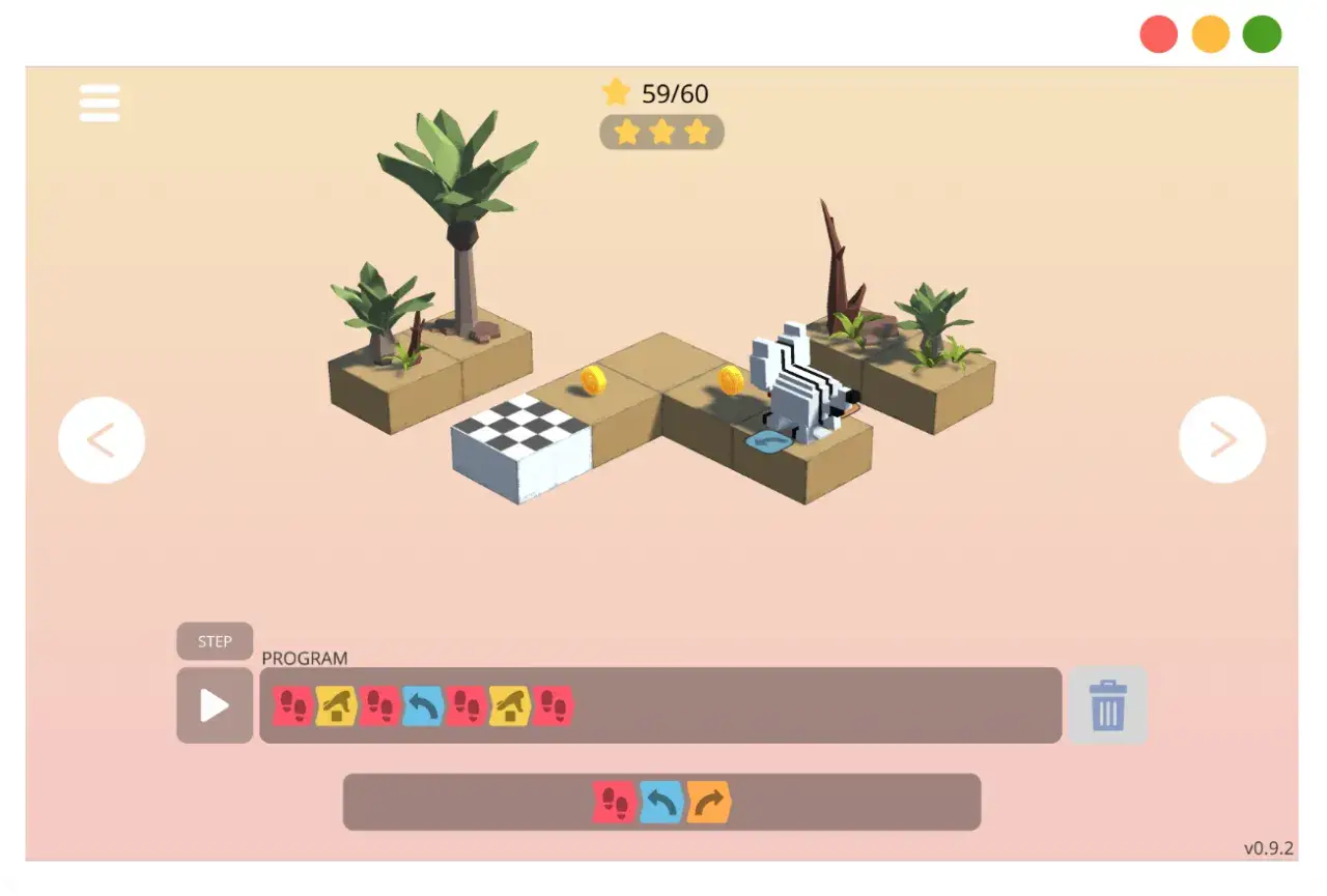 Un personnage z&eacute;br&eacute; doit naviguer sur un chemin pour collecter des pi&egrave;ces dans ce jeu de codage. Les blocs de programmation sont visibles en bas.