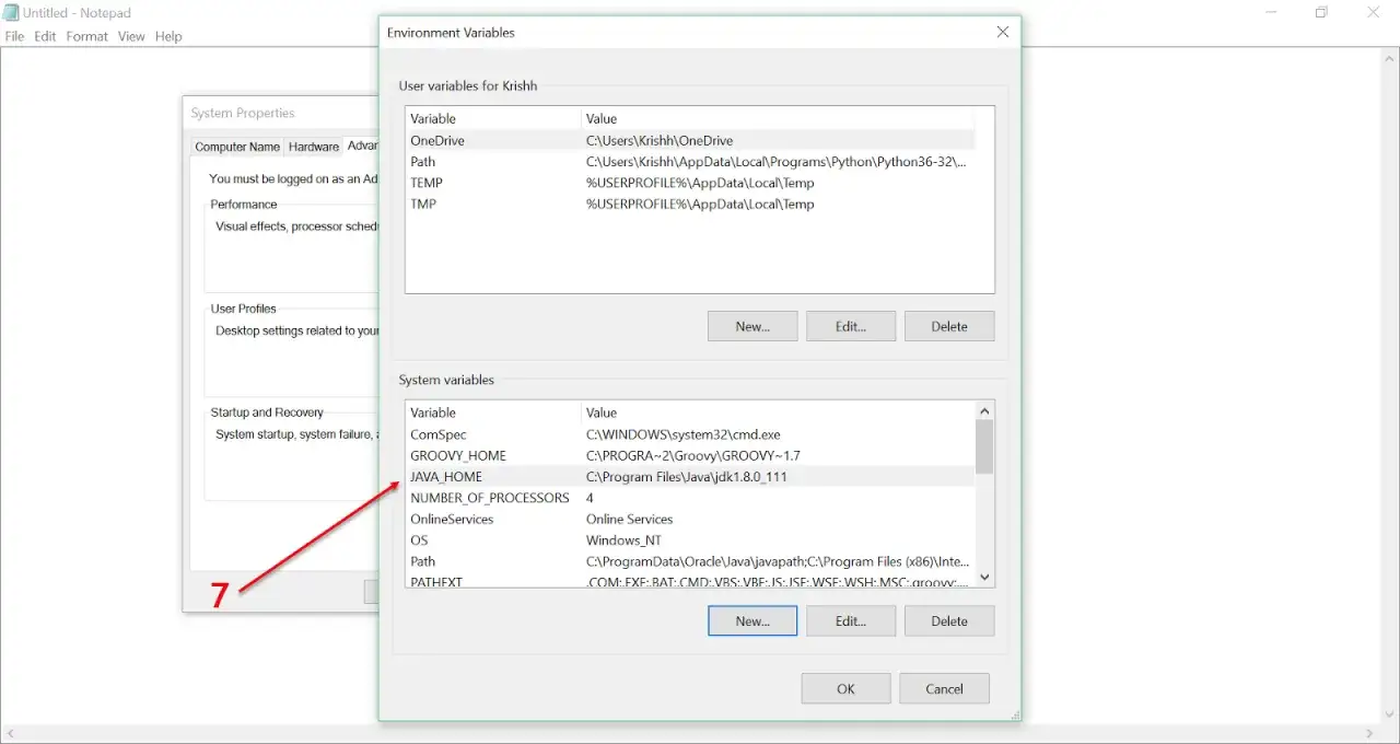 Fenêtre des variables d'environnement, la variable JAVA_HOME pointe vers le chemin d'installation de Java.