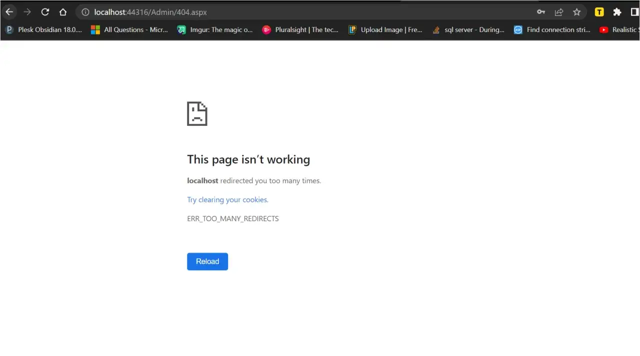 Erreur 404 : la page n'est pas accessible. Le serveur localhost a redirig&eacute; trop de fois. Essayez de recharger la page.