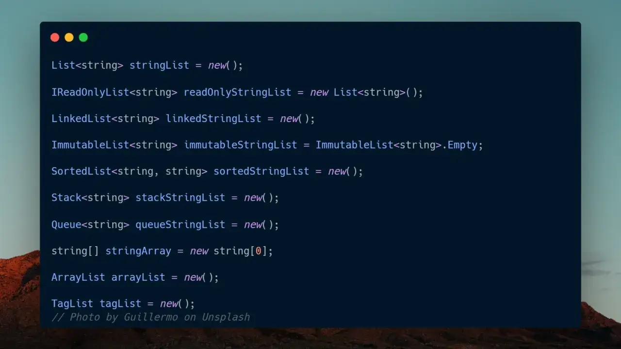 Code C# montrant diverses initialisations de listes, y compris comment gérer un c# list remove.