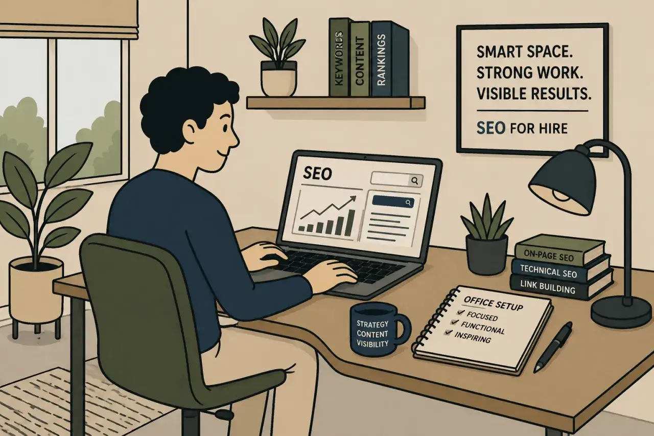 Un homme travaille sur son ordinateur portable, pr&ecirc;t &agrave; devenir r&eacute;dacteur web &agrave; domicile. Son bureau est organis&eacute; avec des livres sur le SEO et une tasse 