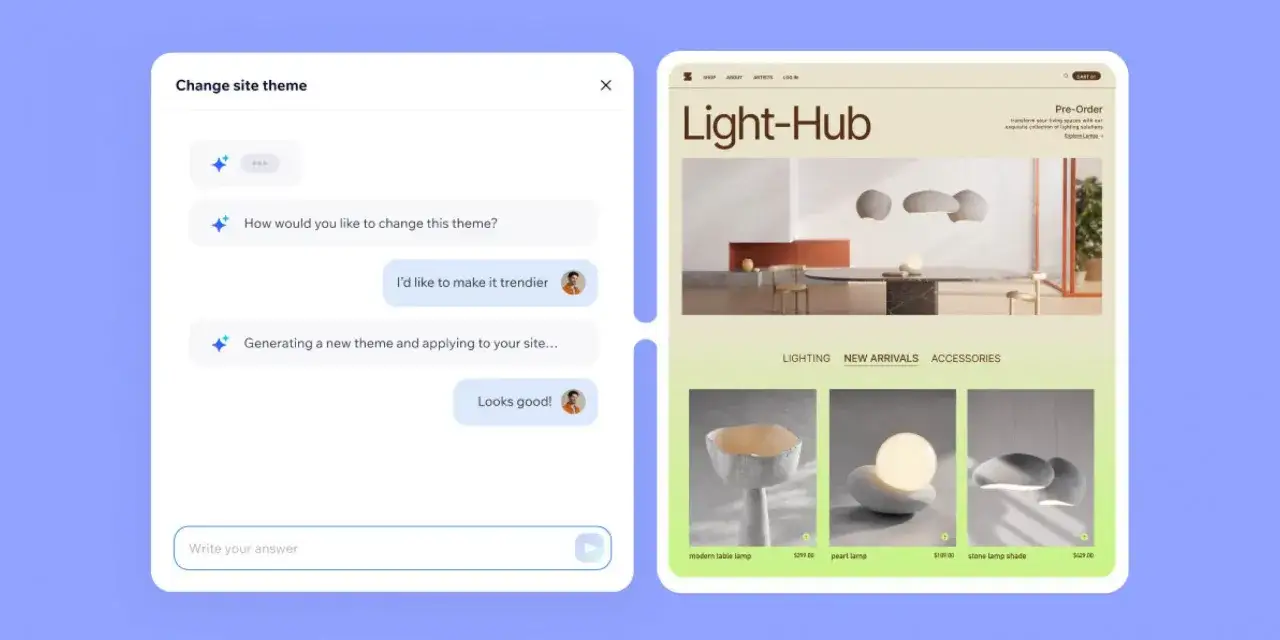Interface de tuto Wix montrant la génération d'un nouveau thème pour un site web de luminaires.
