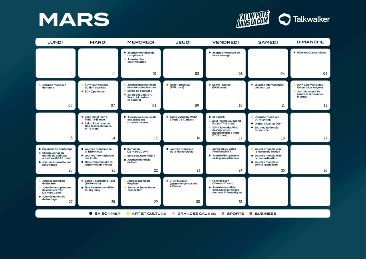 Calendrier de mars avec des &eacute;v&eacute;nements cl&eacute;s, id&eacute;al pour une strat&eacute;gie de m&eacute;dias sociaux. Inclut des journ&eacute;es mondiales, des salons et des anniversaires.