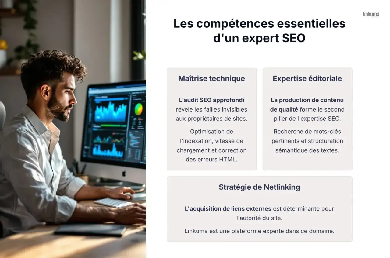 Un consultant SEO, en formation, analyse des graphiques sur son &eacute;cran. Il ma&icirc;trise les comp&eacute;tences techniques et &eacute;ditoriales pour optimiser un site.