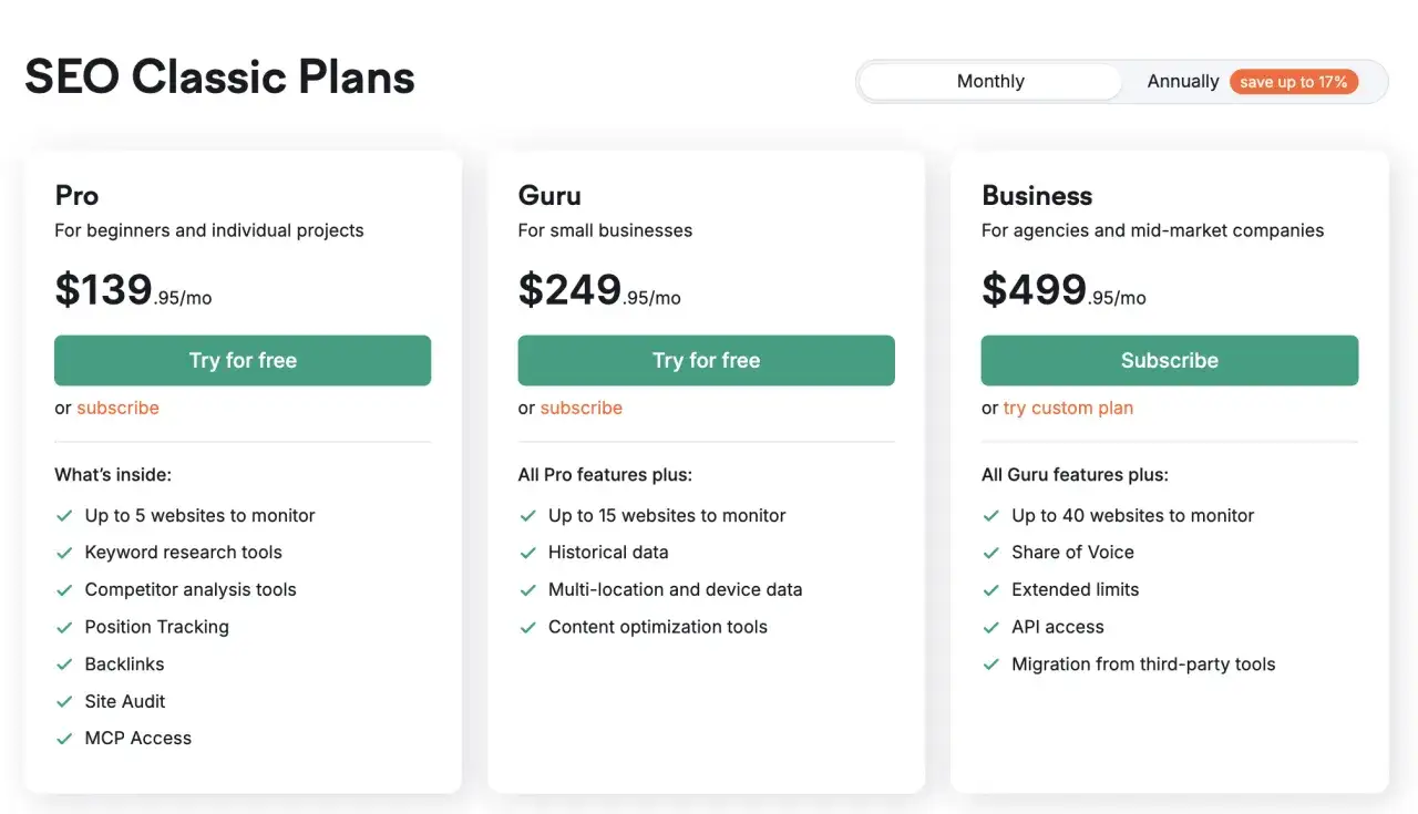 Plans SEO Classic : Pro, Guru, Business. Essayez semrush gratuit avec l'option 