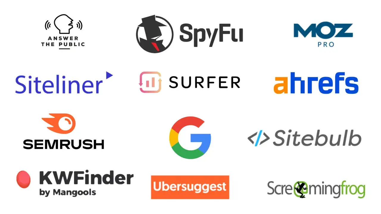 Logos de outils SEO populaires : Answer The Public, SpyFu, Moz Pro, Siteliner, Surfer, Ahrefs, Semrush, Google, Sitebulb, KWFinder, Ubersuggest, Screaming Frog.