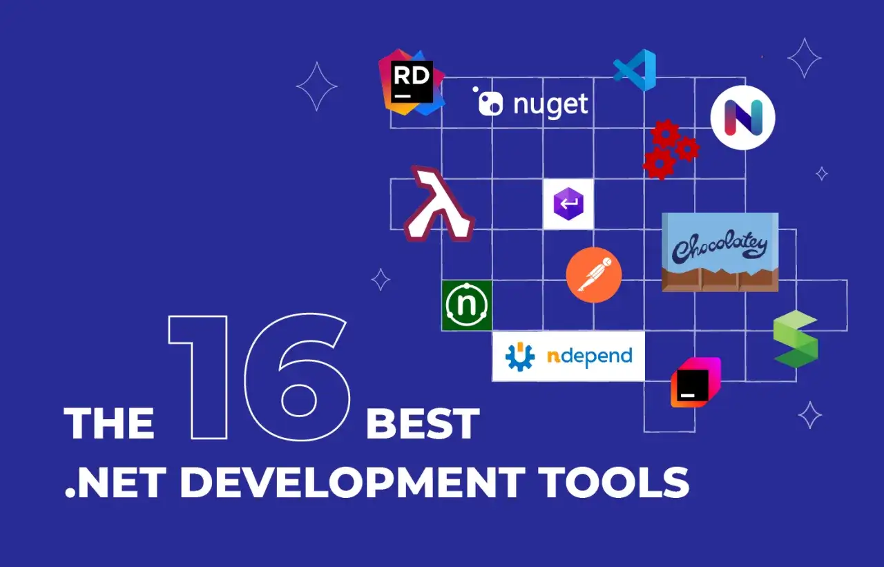 Les 16 meilleurs outils de développement .NET, incluant des logos comme Visual Studio, NuGet, et Chocolatey, sur fond bleu.