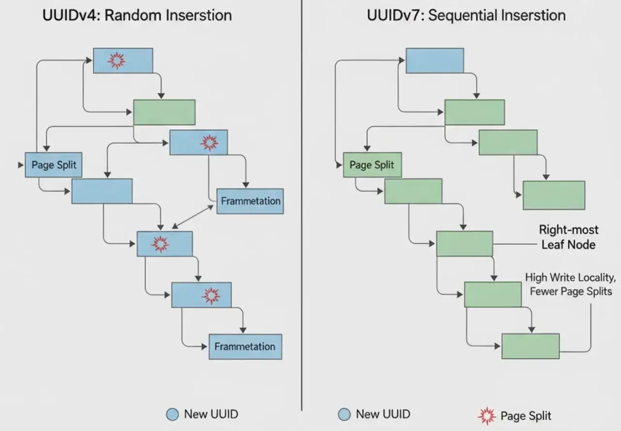 Comparaison des insertions de UUIDv4 aléatoires et UUIDv7 séquentielles. Le UUIDv7 montre une meilleure localité d'écriture.