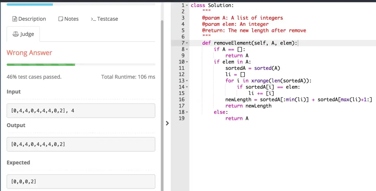 Code Python pour remove nan from list. L'entr&eacute;e est [0,4,4,0,4,4,4,0,2], 4. La sortie est [0,4,4,0,4,4,4,0,2]. L'attendu est [0,0,0,2].