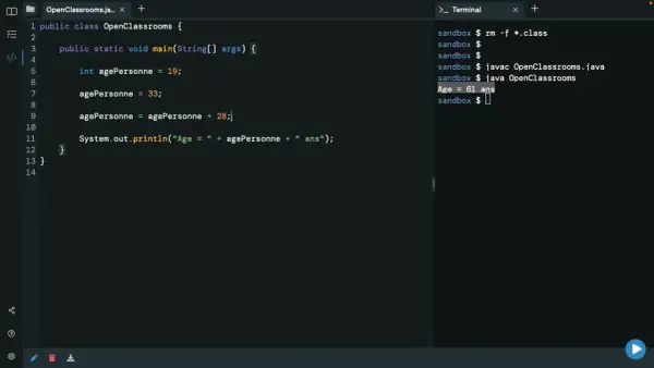 Code Java montrant une conversion implicite de int vers double pour calculer l'âge. L'âge final est de 61 ans.