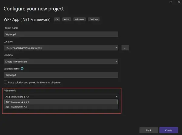 Fenêtre de configuration de projet WPF. Choix entre différentes versions de .NET Framework pour votre application C#.