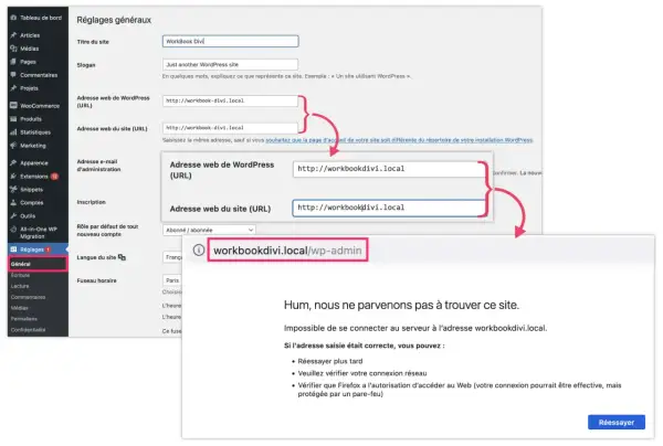 Configuration des adresses URL dans WordPress. Le site "workbookdivi.local" n'est pas accessible.