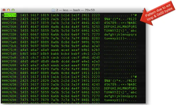 Un écran affiche des données hexadécimales et ASCII, comme si l'on tentait de décoder un code ASCII. Une flèche rouge indique un motif dû à une boucle XOR et des octets 0x00.