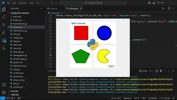 Un carré rouge, un cercle bleu, un pentagone vert et une forme jaune sur un canevas. Le code Python utilise la librairie tkinter pour créer ces formes avec différentes couleur.
