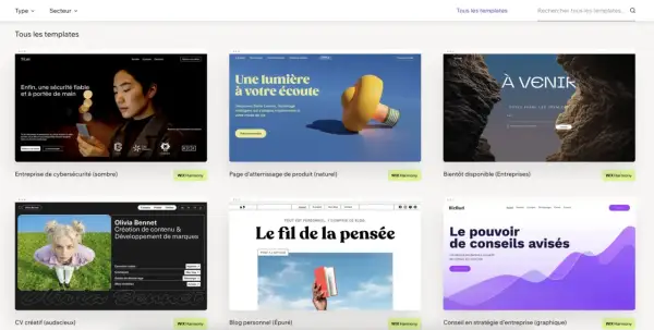 Découvrez des modèles pour créer un site avec Wix : cybersécurité, produit, CV, blog, entreprise.