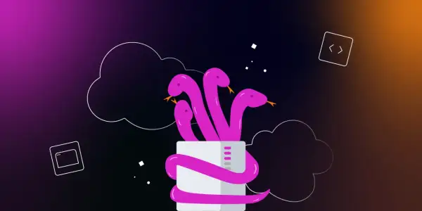 Hydre rose enroulée autour d'un objet blanc, symbolisant peut-être un nombre pair en Python. Des icônes de code et de nuages flottent.