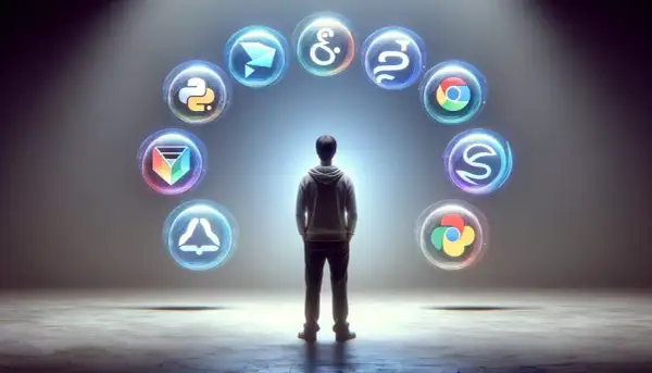 Un développeur face à un arc lumineux d'icônes représentant tous les langages de programmation.