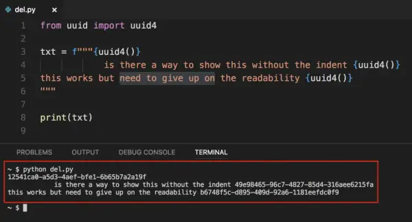 Code Python affichant un UUID généré. Le commentaire python plusieurs lignes explore l'indentation et la lisibilité.