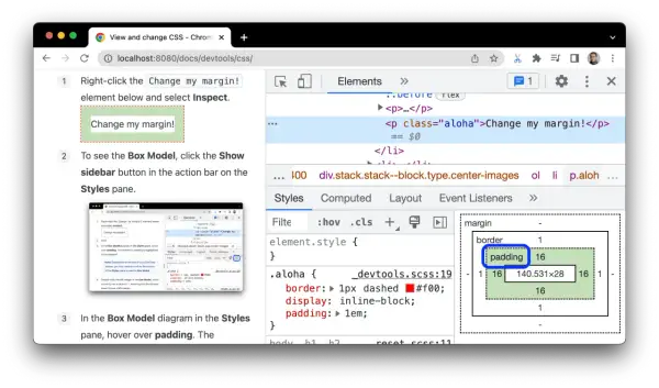 Utilisation de jQuery pour changer le style : le padding est mis en évidence dans le modèle de boîte.