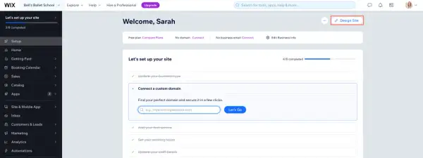 Tableau de bord Wix pour Sarah, montrant les étapes de configuration du site, y compris la connexion d'un domaine. Un tuto Wix pour débuter.