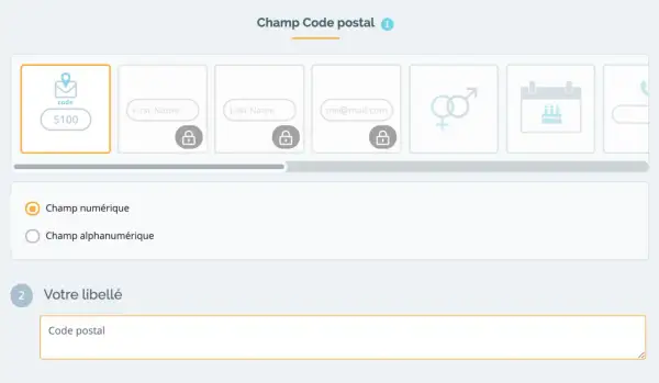 Configuration d'un champ de code postal avec une liste déroulante PHP. Choix entre champ numérique ou alphanumérique.