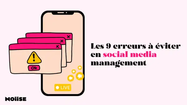 Illustration d'un smartphone avec des pop-ups d'erreur, symbolisant les pièges du social media management. Formation pour éviter ces erreurs.